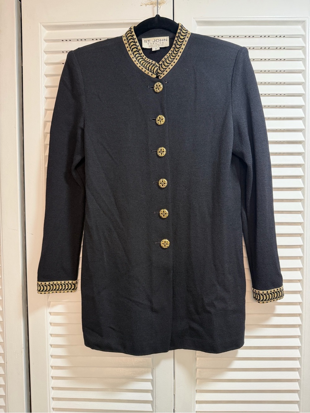St. John Evening By Marie Gray Black Knit With Ornate Gold-Trim Knit Jacket.